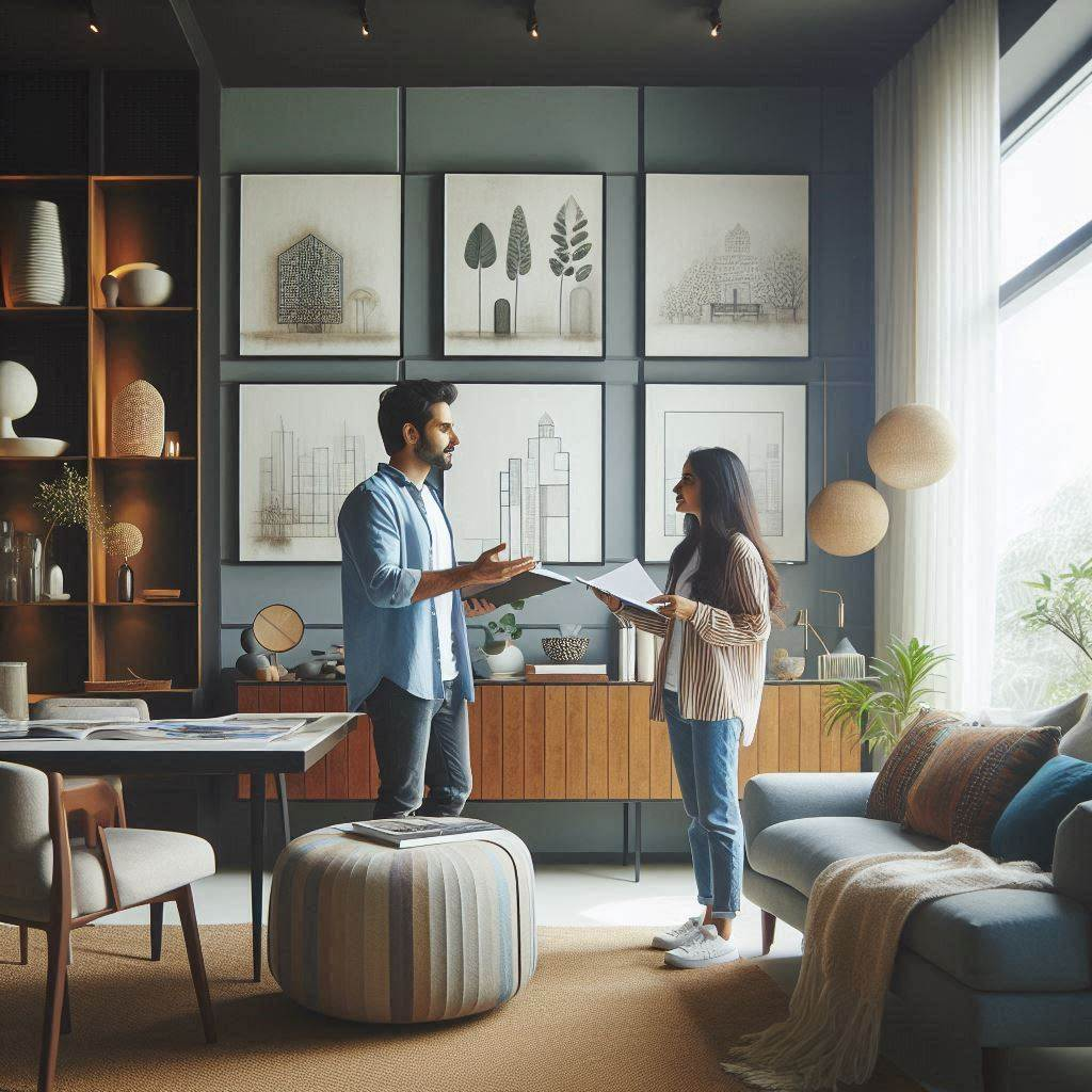 Couple discussing about interior design selection for their home in bangalore